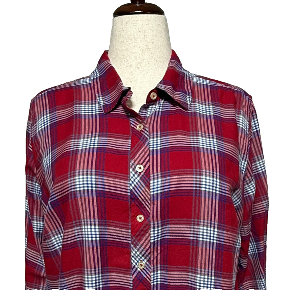 Talbots Top‎ 2X Petite Red White Blue Plaid Patriotic Plaid Button Up Roll Tab